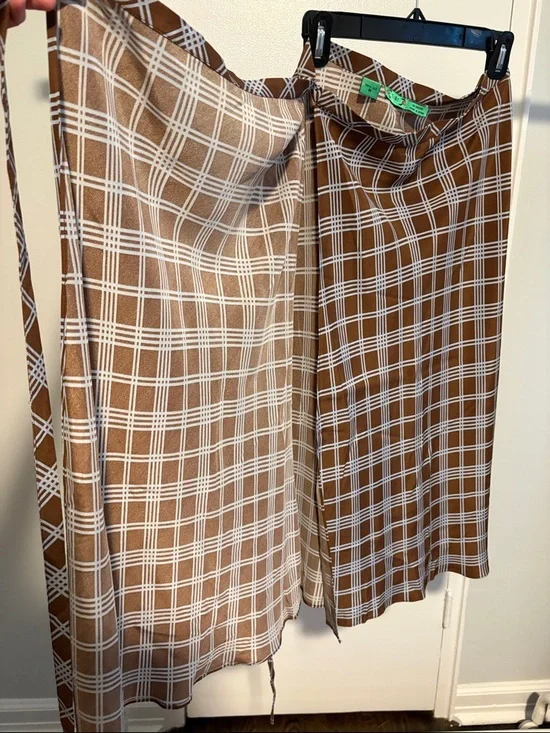 Tibi 100% Silk Midi Wrap Skirt Brown Light Blue Plaid Windowpane Size M - Picture 4 of 6